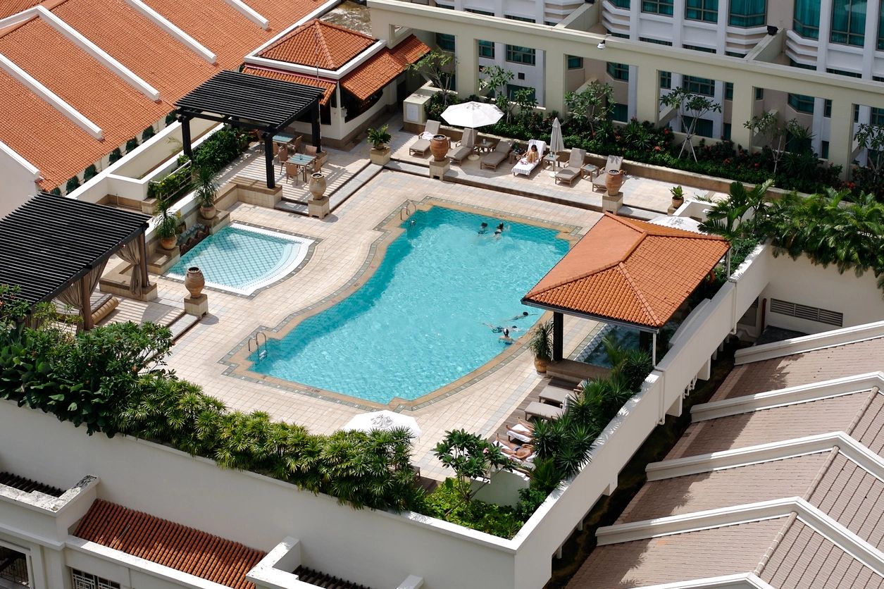 far view of a big pool in a resort